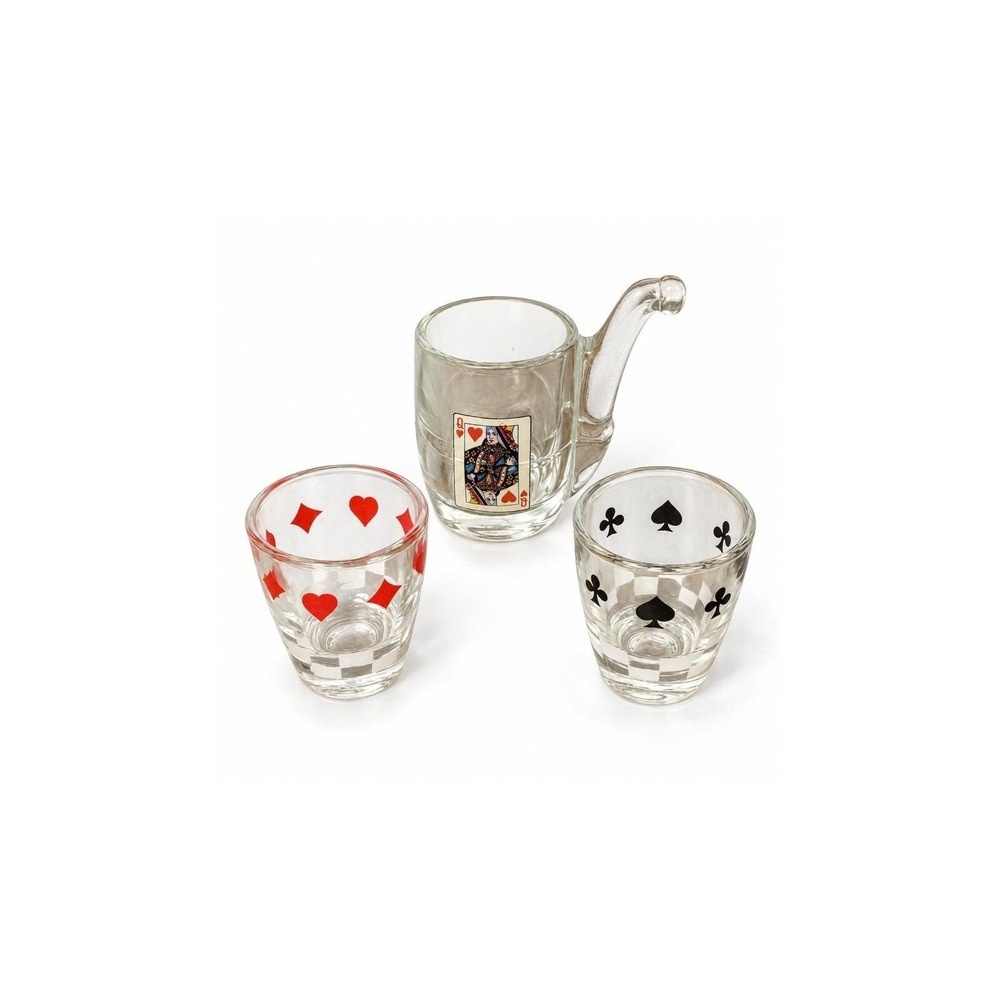 Vintage Playing Card Shot Glasses Lot of 3 – Hearts Spades Queen Poker Barware